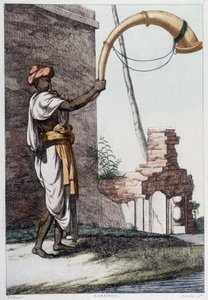 Indische Kultur, Zivilisation und Gesellschaft: Musiker mit traditionellem indischen Blasinstrument (Sournae). Gravur von 1808. von Unknown artist