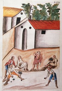 Indianer spielen das Spiel der Choloques, aus dem Buch "Trujillo del Peru" oder "Códice Martínez Compañón", von Baltazar Martinez Compañón y Bujanda, Bischof von Trujillo (1782-1785)