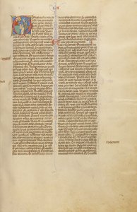 Initiale O: Das Opfer eines Lammes und ein Mann, der mit einem Jagdbogen zeigt von Unknown artist