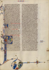 Initiale P: Paulus übergibt einem Mann eine Schriftrolle