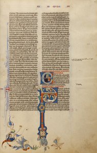 Initiale P: Der heilige Paulus übergibt einem Boten einen Brief