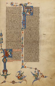 Initiale P: Heiliger Paulus; Initiale P: Ein Bischof übergibt einem Boten einen Brief