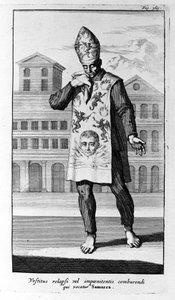 Inquisition. Das Gewand von Samarra, das die Büßer trugen. Gravur aus der Geschichte der Inquisition, Amsterdam 1692.