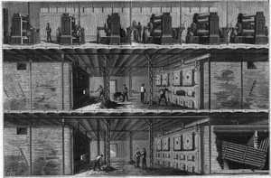 Installation von Kesseln und Dampfdynamos im Central Electricite Distribution Station (Edison System) in New York im Jahr 1884.