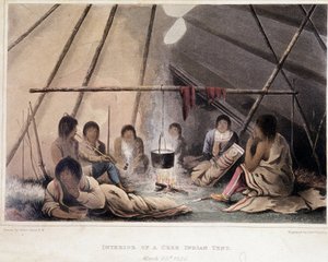 Inneres eines Indianerzeltes in Amerika - in „Narrative of a journey to the shores of the Polar sea in the years 1819-1821“, von John Franklin, ed. London von Unknown artist