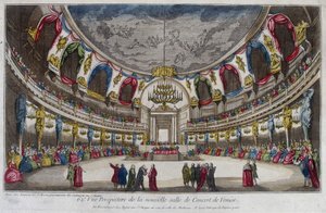 Innenraum eines Konzertsaals in Venedig. Gravur aus dem 18. Jahrhundert.