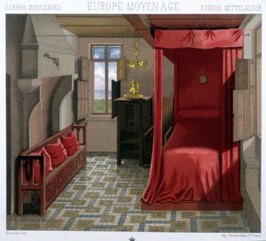 Innenraum eines Hauses im 15. und 16. Jahrhundert. In „Le costume historique“ von A. Racinet von Unknown artist