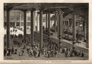 Innenansicht eines großen buddhistischen Tempels, der dem Taikoun (weltlicher Herrscher Japans) in Yedo (oder Edo, kaiserliche Hauptstadt, heutiges Tokio) gehört. Gravur zur Illustration der Reise nach Japan, 1863-1864, von Aimé Humbert, Minister der Schwe von Unknown artist