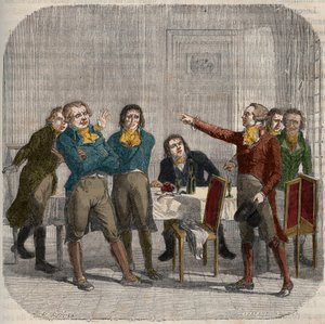 Interview zwischen Jean-Paul Marat (1743-1793), Maximilien de Robespierre (1758-1794) und Georges Jacques Danton (1759-1794) am 28. Juni 1793 in einem Pariser Café in der Rue du Paon. Gravur in „Histoire nationale illustree de la France“. 19. Jahrhundert von Unknown artist
