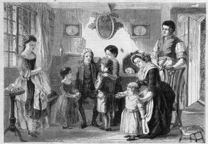 Isaac Watts (1674-1748) englischer Theologe und Pädagoge, Komponist von Hymnen und geistlichen Liedern für Kinder. Nach Ranckleys Gemälde "Doctor Watt besucht seine Freunde". Gravur in "The Illustrious Universe"