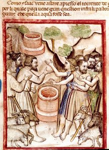 Isaak gräbt Brunnen im Tal von Guerar und die Hirten des Tals suchen Streit mit ihm Miniatur aus Codex 212 (oder Padovano Codice oder Bibel von Padua) 1390-1400 Rovigo, Accademia dei Concordi von Unknown artist