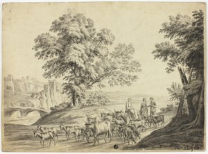 Italienische Landschaft mit Mann und zwei Frauen, die Rinder, Ziegen und Schafe hüten