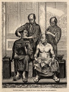 Japanische Friseure in ihrem Laden, einer rasiert einen Bart, der andere frisiert einen Mann mit nacktem Oberkörper. Illustration der Reise nach Japan, 1863-1864, von Aime Humbert, Minister der Schweizerischen Eidgenossenschaft, in "Le tour du monde, nouve von Unknown artist
