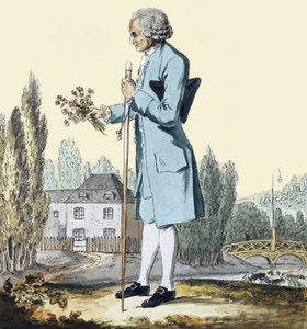 Jean-Jacques Rousseau (1712-78) sammelt Kräuter in Ermenonville, Juni 1778 - Darstellung des Philosophen Jean-Jacques Rousseau (1712-1778), der in Ermenonville Blumen pflückt. von Unknown artist