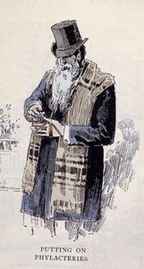 Jüdische Religion: ein alter jüdischer Mann trägt den Gebetsmantel (Talit oder Tzitzit), Stich von 1890 von Unknown artist
