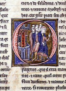 Joseph von Arimathia und seine Gefolgschaft. Manuskript: Eroberung des Heiligen Grals, geschrieben 717 Jahre nach der Passion unseres Herrn. Bibliothèque municipale de Rennes, ms. 255 (Sammlung von Romanen der Tafelrunde); Paris