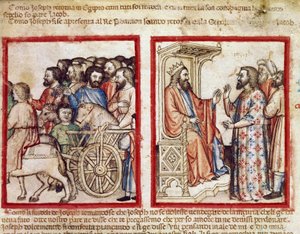 Joseph links bei der Beerdigung seines Vaters, danach geht er zum Pharao Miniatur aus Codex 212 (oder Padovano Codice oder Bibel von Padua) 1390-1400 Rovigo, Accademia dei Concordi von Unknown artist