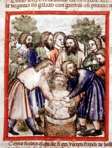 Joseph wird von seinen Brüdern verkauft und in den Brunnen geworfen. Miniatur aus Codex 212 (oder Padovano Codice oder Bibel von Padua) 1390-1400 Rovigo, Accademia dei Concordi