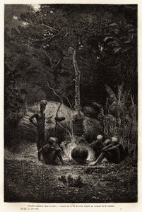 Kanaken kochen im Wald, im Gebiet von Pamale. Gravur zur Illustration der Reise nach Neukaledonien, von Jules Garnier, Bergbauingenieur, 1863-1866, veröffentlicht in „Le tour du monde, nouveau journal des voyages“, herausgegeben von Edouard Charton