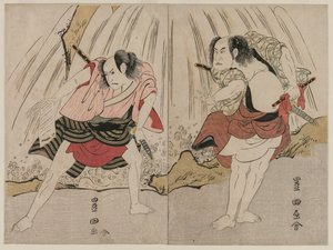 Kataoka Nizaemon VII und Ichikawa Yaozo III in einer Konfrontation neben einem Wasserfall