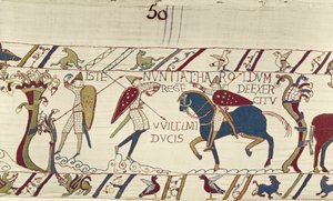 Der Bote von König Harold überbringt ihm Nachrichten von der Armee von Herzog Wilhelm, Teppich von Bayeux von Unknown artist