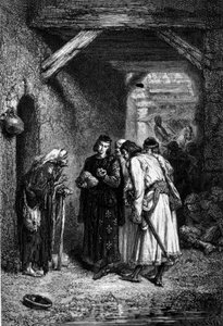 König Ludwig IX. oder Sankt Ludwig (1214 - 1270) untersucht das Brot der Armen und stellt fest, dass es trocken ist.