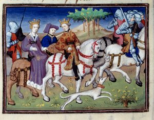 König Philipp VI. von Valois und die Weiße Königin von Navarra (?) Auf der Jagd Miniatur aus „Das Buch der Jagd“ von Gaston III Phoebus, Graf von Foix, Herr von Béarn (1331-1391)