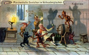 Kobolde, kleine Elfen oder Farfadet der deutschen Volkstradition. Chromolithographie des 19. Jahrhunderts. von Unknown artist
