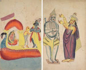 Krishna fährt Radha über den Yamuna-Fluss (recto); Parvati legt Shiva einen Hochzeitskranz um (verso) von Unknown artist