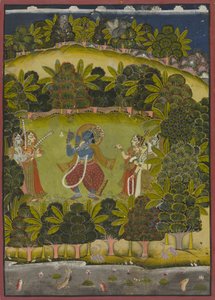 Krishna spielt Flöte für die Gopis