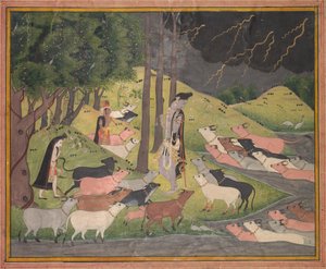 Krishna ruft die Kühe