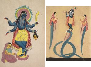 Krishna als Kali von Radha verehrt; Krishna besiegt die Schlange Kaliya