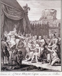 Der Inka Mayta Capac zugunsten der Collas - in „Historische Reise durch Südamerika im Auftrag des Königs von Spanien“ von Don Georges Juan & Don Antoine de Ulloa, T.II, ed. Jombert, Librairie du Roi, Paris