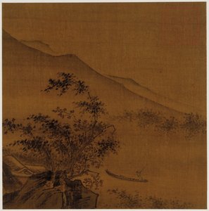 Landschaft: Hänge, Felsen, Bäume, Haus und ein Boot