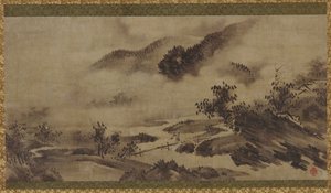 Landschaft: Berge, Nebel und Bach