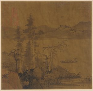 Landschaft: Fluss und Boot, hohe Bäume und ferne Hügel