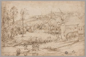 Landschaft mit Fluss und Mühle