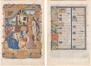 Blatt aus einem Stundenbuch: Anbetung der Könige (recto) und Text mit illustriertem Rand (verso) (3 von 3 ausgeschnittenen Blättern)