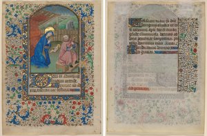 Blatt aus einem Stundenbuch: Die Geburt Christi (recto) und Text (verso)