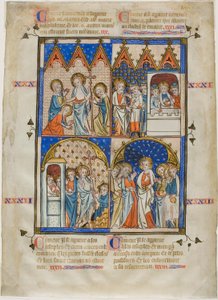 Blatt aus einem Bilderzyklus: Christus erscheint den drei Marien, Christus und die Pilger auf dem Weg nach Emmaus, der zweifelnde Thomas und Christus erscheint den Aposteln