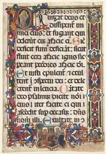 Blatt aus einem Psalter mit vollem Rand mit Medaillons (Verkündigung, SS. Hieronymus, Klara, Sebastian und Bernhardin) und historisierter Initiale (E): Jungfrau und Kind