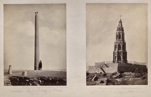 Links: [Ashoka-Säule an ihren heutigen Standort von Feroz Shah versetzt]. Rechts: Denkmal der britischen Soldaten 1859 von Unknown artist