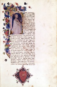 Initiale „a“ auf einer Miniaturseite des Incipit von „Teseide“. Giovanni Boccaccio (1313-1375). Manuskript aus dem 15. Jahrhundert. Trivulziana Mailand von Unknown artist