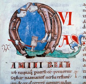 Lettrine Q, die Mönche beim Roden zeigt (Miniatur aus dem „Moralia in Job“) von Unknown artist