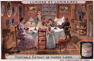 Lichter und Leuchten, bürgerliches Interieur beleuchtet von Astrallampen - Chromo. Liebig ca. 1895 von Unknown artist