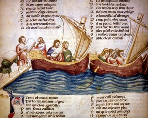 Laden von Fracht an Bord, Ende des 13. Jahrhunderts. Miniatur des „Roman de Troy“ von Benoit de Saint Maure. 14. Jahrhundert, Biblioteca Marciana, Venedig