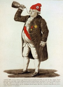Ludwig XVI. trägt die phrygische Mütze und trinkt aus der Flasche