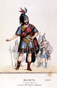 Macbeth-Charakter in einem Kriegerkostüm in der gleichnamigen Oper von Giuseppe Verdi (1813-1901) nach dem Werk von William Shakespeare. 1847. Gravur