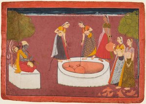 Madhava spielt seine Vina vor fünf Frauen, die Wasser aus einem Brunnen schöpfen, aus einer Madhavanala Kamakandala von Unknown artist