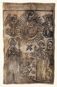 Madonna mit Kind und drei Mitgliedern des Augustinerordens: Heilige Augustinus, Nikolaus und Klara von Unknown artist